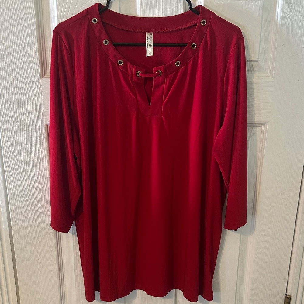 Perseption Red Grommet Neck Tunic Top Women’s Size 2X 3/4 Sleeve